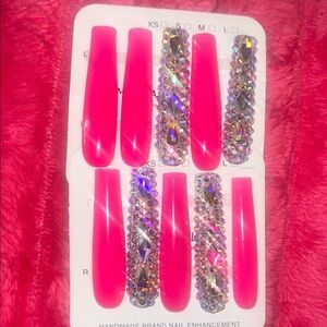 Vibrant Barbie Pink and Silver Rhinestone Nail Set